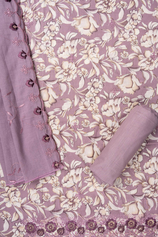 Mauve Sequence, Threadwork & Floral Printed Cotton Unstitched Salwar Suit With Cotton Dupatta