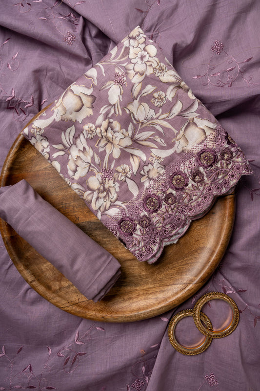 Mauve Sequence, Threadwork & Floral Printed Cotton Unstitched Salwar Suit With Cotton Dupatta