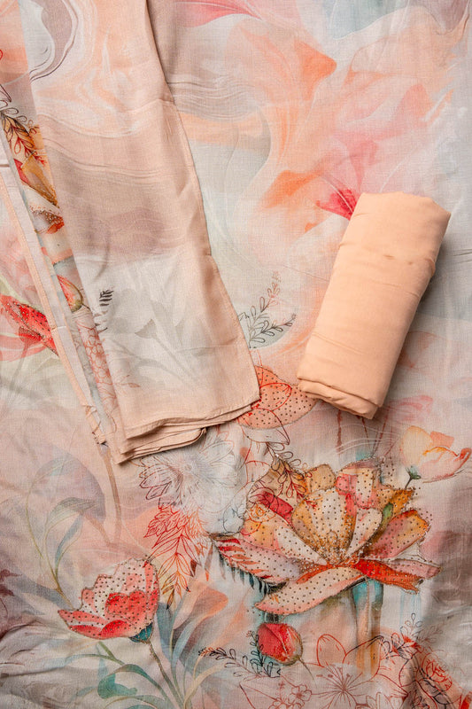 Peach Swarovski, Zari Threadwork, Digital & Floral Printed Chinon Unstitched Salwar Suit With Chinon Dupatta