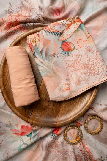 Peach Swarovski, Zari Threadwork, Digital & Floral Printed Chinon Unstitched Salwar Suit With Chinon Dupatta