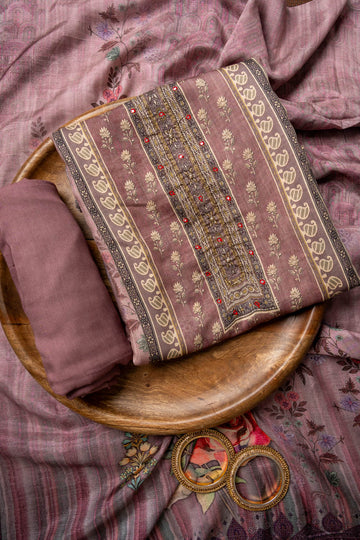 Onion Cutdana, Mirror Sheet, Threadwork & Digital Printed Muslin Unstitched Salwar Suit With Muslin Cotton Dupatta