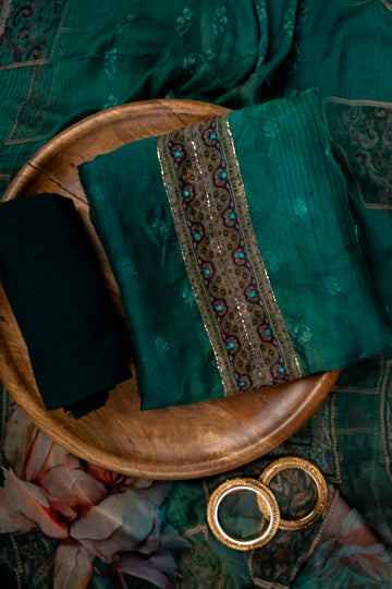 Rama Cutdana, Mirror Sheet, Threadwork & Digital Printed Organza Unstitched Salwar Suit With Chiffon Dupatta