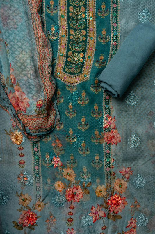 Sky Blue Cutdana, Mirror Sheet, Threadwork & Floral Printed Organza Unstitched Salwar Suit With Chiffon Dupatta