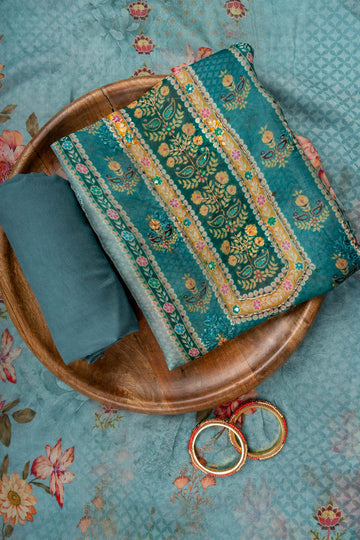 Sky Blue Cutdana, Mirror Sheet, Threadwork & Floral Printed Organza Unstitched Salwar Suit With Chiffon Dupatta