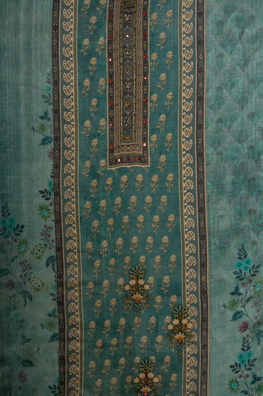 Mint Green Cutdana, Mirror Sheet, Threadwork & Digital Printed Muslin Unstitched Salwar Suit With Muslin Cotton Dupatta