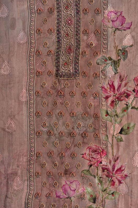 Onion Cutdana, Mirror Sheet, Threadwork & Floral Printed Organza Unstitched Salwar Suit With Chiffon Dupatta
