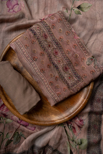 Onion Cutdana, Mirror Sheet, Threadwork & Floral Printed Organza Unstitched Salwar Suit With Chiffon Dupatta