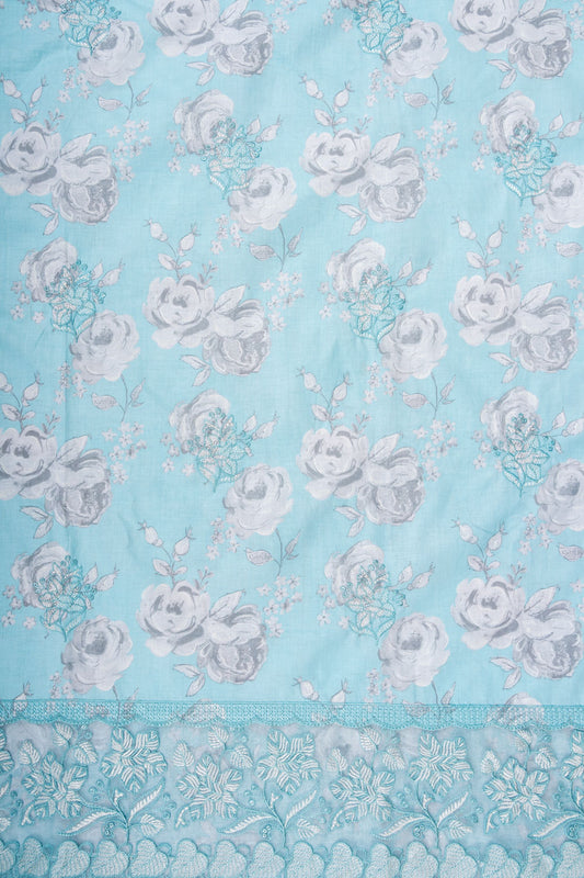 Tea-green Sequence, Threadwork & Floral Printed Cotton Unstitched Salwar Suit With Cotton Dupatta