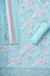 Tea-green Sequence, Threadwork & Floral Printed Cotton Unstitched Salwar Suit With Cotton Dupatta