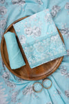 Tea-green Sequence, Threadwork & Floral Printed Cotton Unstitched Salwar Suit With Cotton Dupatta
