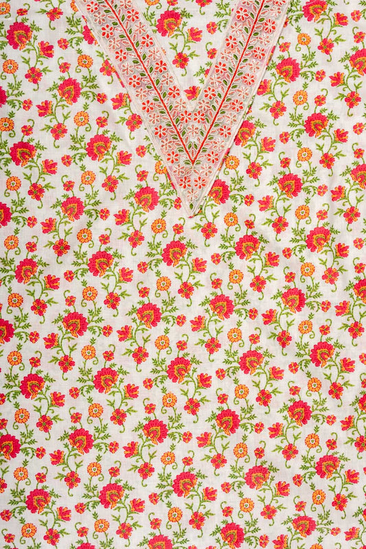 White Red Sequence, Threadwork & Floral Printed Cotton Unstitched Salwar Suit With Cotton Dupatta