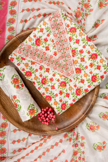 White Red Sequence, Threadwork & Floral Printed Cotton Unstitched Salwar Suit With Cotton Dupatta