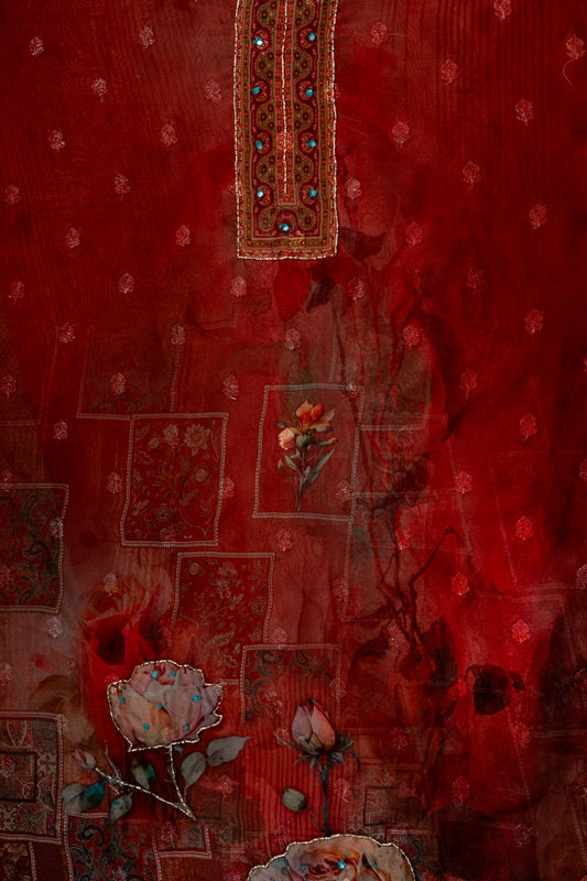 Maroon Cutdana, Mirror Sheet, Threadwork & Digital Printed Organza Unstitched Salwar Suit With Chiffon Dupatta