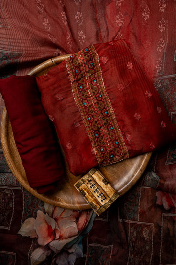 Maroon Cutdana, Mirror Sheet, Threadwork & Digital Printed Organza Unstitched Salwar Suit With Chiffon Dupatta