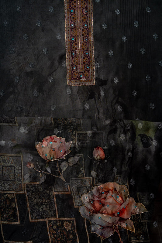 Grey Cutdana, Mirror Sheet, Threadwork & Digital Printed Organza Unstitched Salwar Suit With Chiffon Dupatta