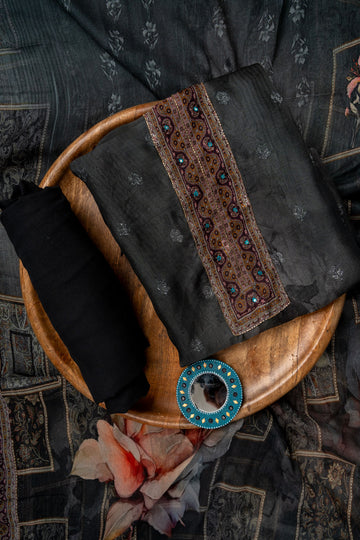 Grey Cutdana, Mirror Sheet, Threadwork & Digital Printed Organza Unstitched Salwar Suit With Chiffon Dupatta