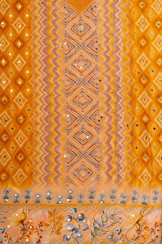 Mango Gold Mirror, Swarovski & Digital Printed Crepe Unstitched Salwar Suit With Chiffon Dupatta