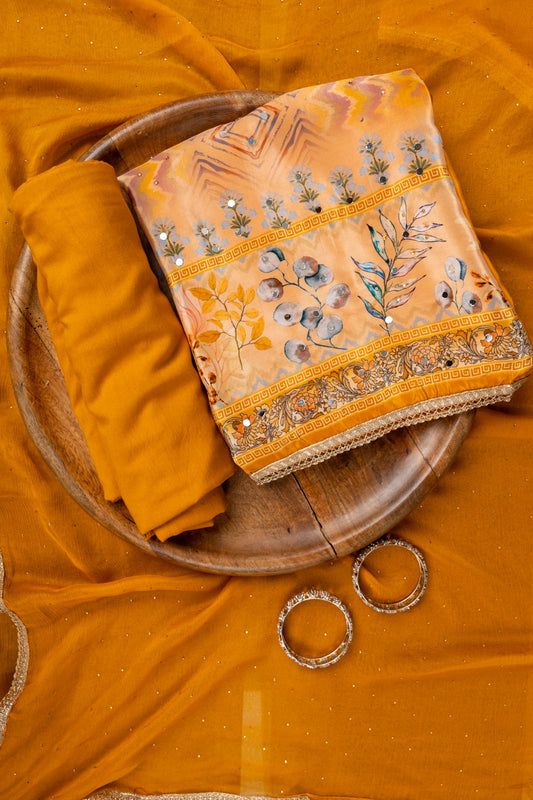 Mango Gold Mirror, Swarovski & Digital Printed Crepe Unstitched Salwar Suit With Chiffon Dupatta