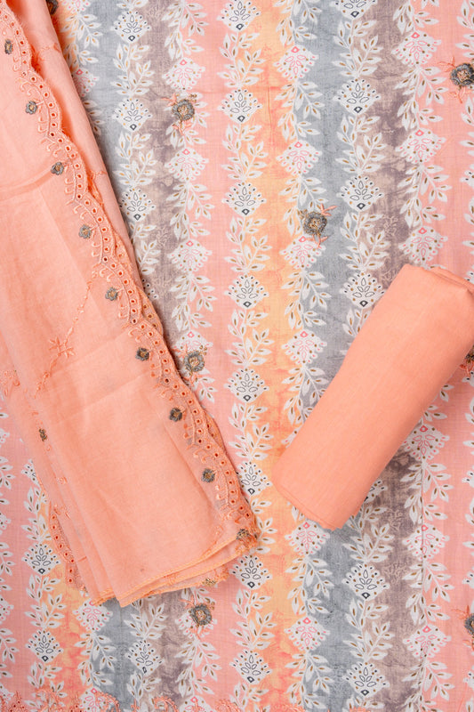 Peach Zari Threadwork & Floral Printed Cotton Unstitched Salwar Suit With Cotton Dupatta