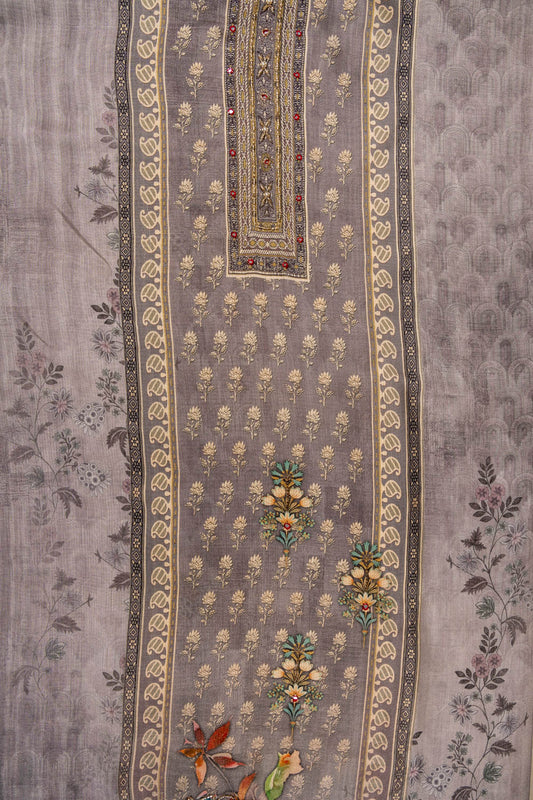 Grey Cutdana, Mirror Sheet, Threadwork & Digital Printed Muslin Unstitched Salwar Suit With Muslin Cotton Dupatta