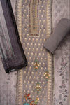 Grey Cutdana, Mirror Sheet, Threadwork & Digital Printed Muslin Unstitched Salwar Suit With Muslin Cotton Dupatta