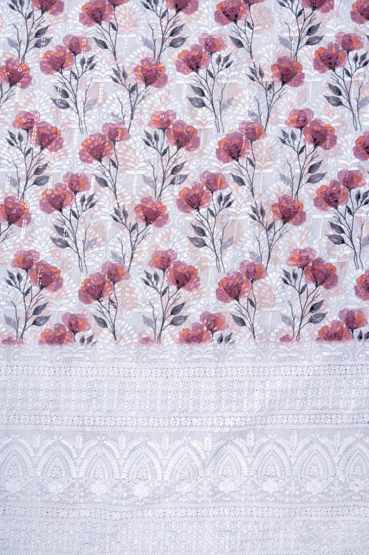 White Gajari Sequence, Threadwork & Floral Printed Cotton Unstitched Salwar Suit With Cotton Dupatta