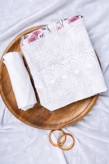 White Gajari Sequence, Threadwork & Floral Printed Cotton Unstitched Salwar Suit With Cotton Dupatta