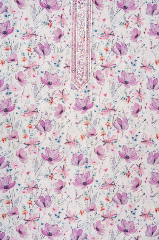 White Mauve Mirror Sheet, Threadwork & Floral Printed Cotton Unstitched Salwar Suit With Cotton Dupatta