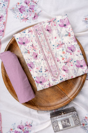 White Mauve Mirror Sheet, Threadwork & Floral Printed Cotton Unstitched Salwar Suit With Cotton Dupatta