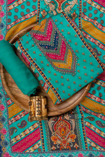 Rama Cutdana, Mirror Sheet, Threadwork, Digital & Floral Printed Muslin Unstitched Salwar Suit With Muslin Cotton Dupatta