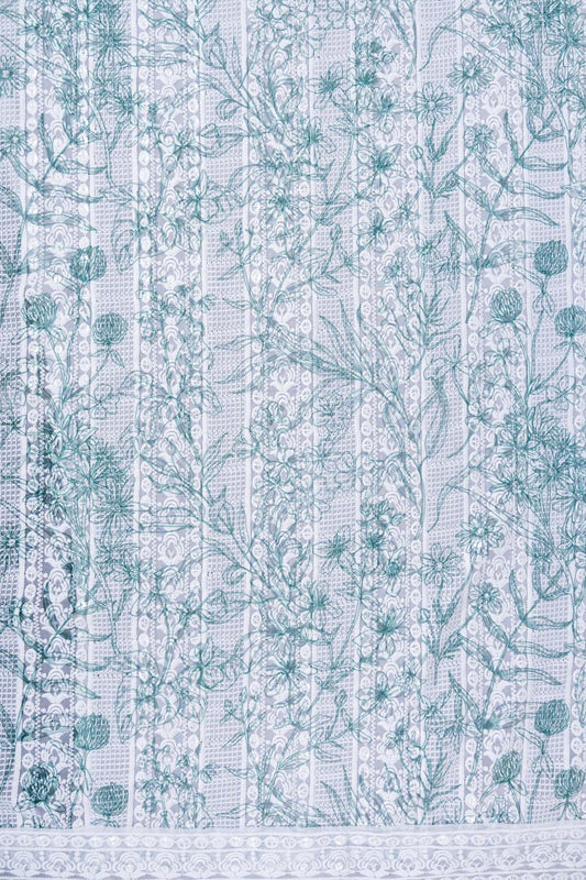 White Tea Green Sequence, Threadwork & Floral Printed Georgette Unstitched Salwar Suit With Georgette Dupatta