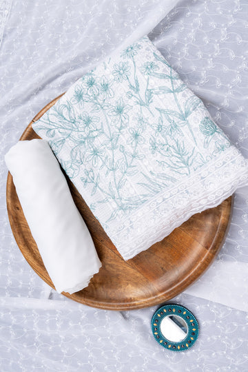 White Tea Green Sequence, Threadwork & Floral Printed Georgette Unstitched Salwar Suit With Georgette Dupatta