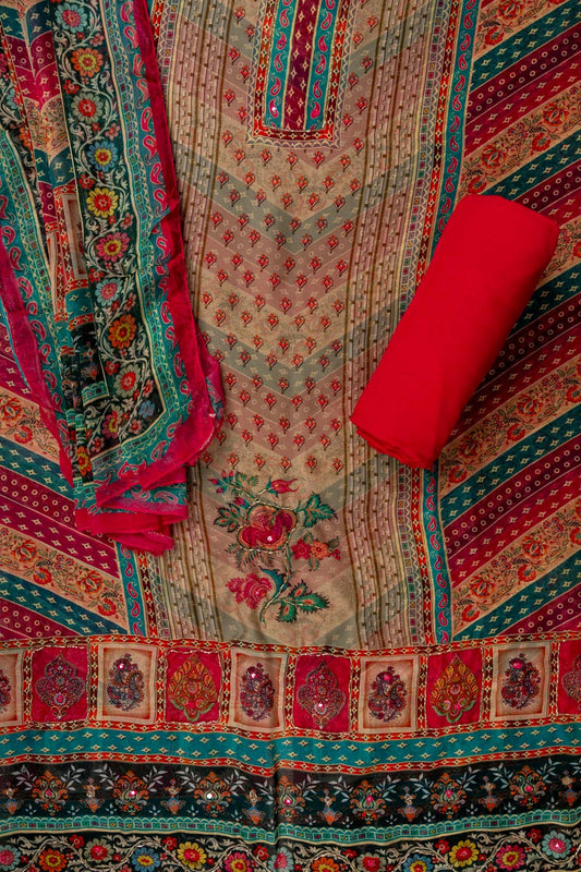 Magenta Cutdana, Mirror Sheet, Threadwork & Digital Printed Organza Unstitched Salwar Suit With Chiffon Dupatta