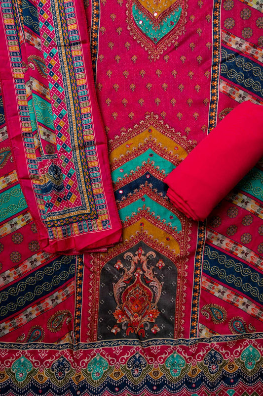 Rani Cutdana, Mirror Sheet, Threadwork, Digital & Floral Printed Muslin Unstitched Salwar Suit With Muslin Cotton Dupatta