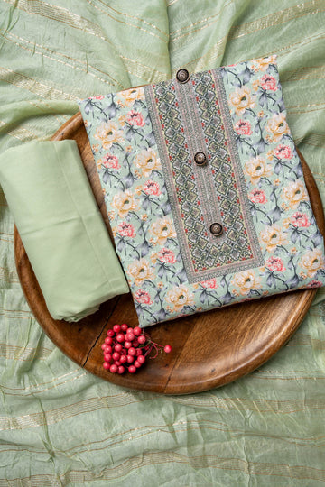Pista Sequence, Threadwork & Floral Printed Cotton Unstitched Salwar Suit With Cotton Dupatta