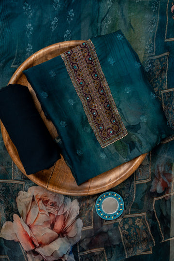 Peacock Cutdana, Mirror Sheet, Threadwork & Digital Printed Organza Unstitched Salwar Suit With Chiffon Dupatta