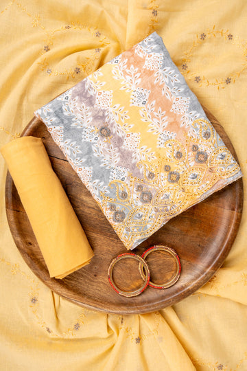 Mango Gold Threadwork & Floral Printed Cotton Unstitched Salwar Suit With Cotton Dupatta