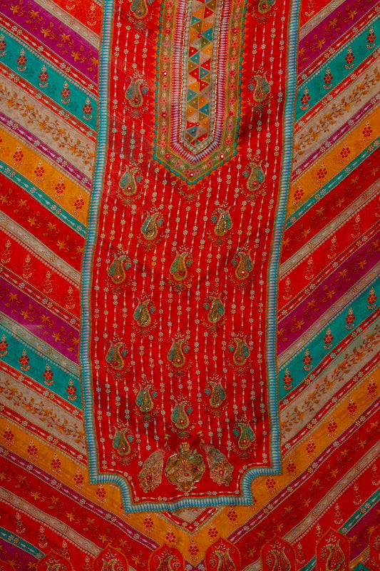 Red Cutdana, Mirror Sheet, Threadwork & Floral Printed Organza Unstitched Salwar Suit With Chiffon Dupatta