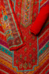 Red Cutdana, Mirror Sheet, Threadwork & Floral Printed Organza Unstitched Salwar Suit With Chiffon Dupatta