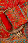 Red Cutdana, Mirror Sheet, Threadwork & Floral Printed Organza Unstitched Salwar Suit With Chiffon Dupatta
