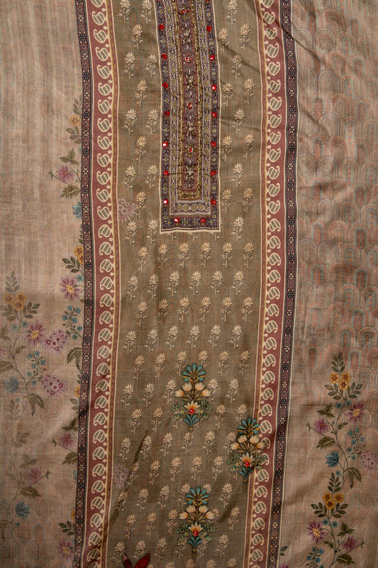 Mehndi Cutdana, Mirror Sheet, Threadwork & Digital Printed Muslin Unstitched Salwar Suit With Muslin Cotton Dupatta