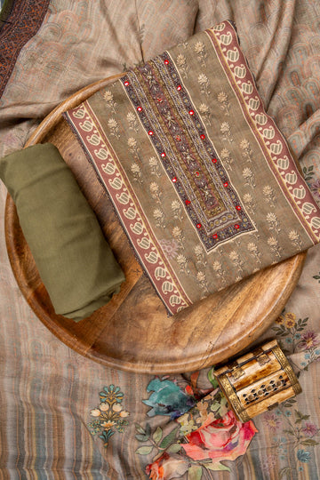 Mehndi Cutdana, Mirror Sheet, Threadwork & Digital Printed Muslin Unstitched Salwar Suit With Muslin Cotton Dupatta