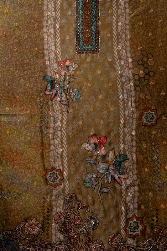 Mehndi Cutdana, Mirror Sheet, Threadwork & Digital Printed Organza Unstitched Salwar Suit With Chiffon Dupatta