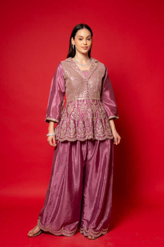 Mauve Sequence & Zari Threadwork Crepe Readymade Suit With Palazzo