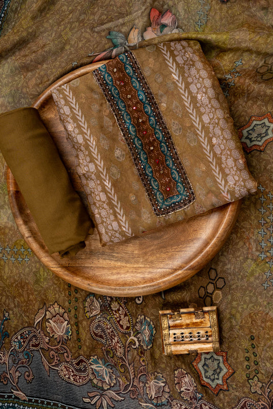 Mehndi Cutdana, Mirror Sheet, Threadwork & Digital Printed Organza Unstitched Salwar Suit With Chiffon Dupatta