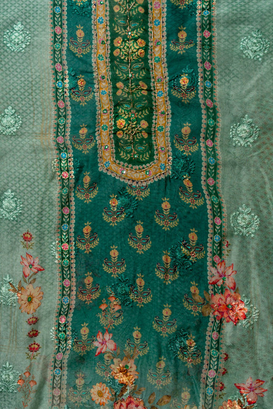 Pista Cutdana, Mirror Sheet, Threadwork & Floral Printed Organza Unstitched Salwar Suit With Chiffon Dupatta