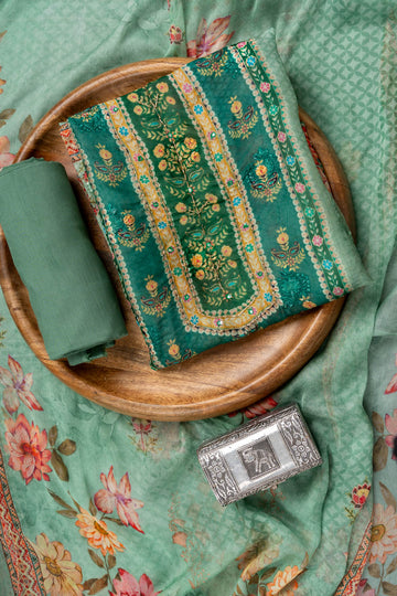 Pista Cutdana, Mirror Sheet, Threadwork & Floral Printed Organza Unstitched Salwar Suit With Chiffon Dupatta