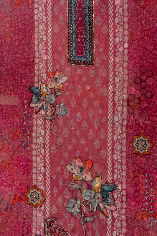 Gajari Cutdana, Mirror Sheet, Threadwork & Digital Printed Organza Unstitched Salwar Suit With Chiffon Dupatta