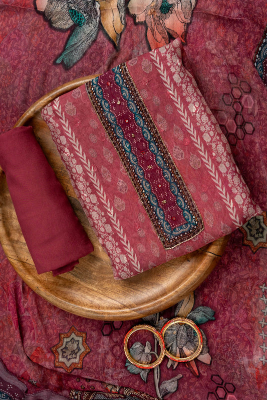 Gajari Cutdana, Mirror Sheet, Threadwork & Digital Printed Organza Unstitched Salwar Suit With Chiffon Dupatta