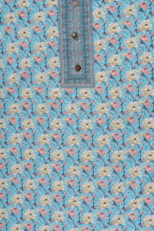 Light Firozi Sequence, Threadwork & Floral Printed Cotton Unstitched Salwar Suit With Cotton Dupatta